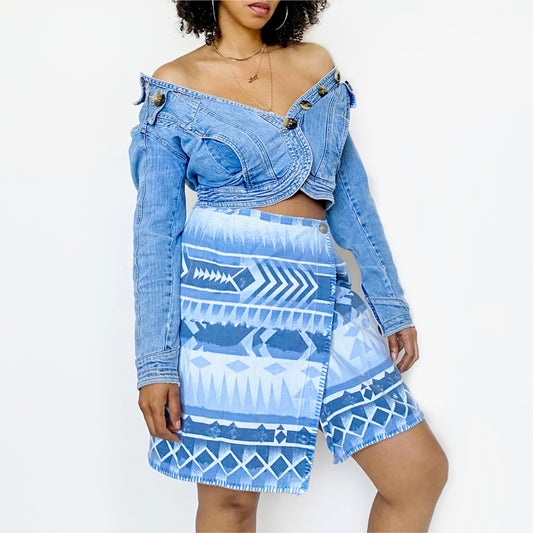 Vintage Aztec Print Denim Wrap Skirt