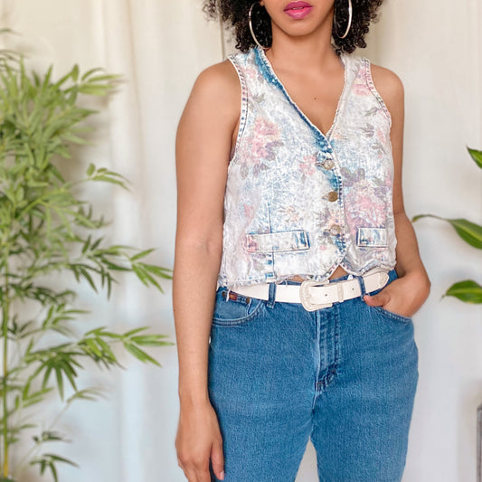 Vintage Distressed Floral Denim Vest