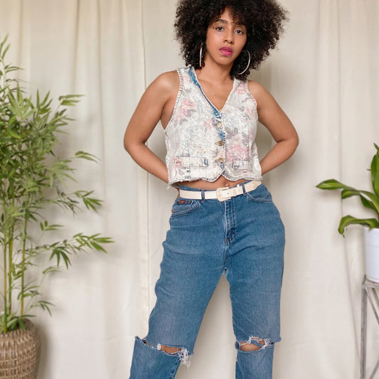 Vintage Distressed Floral Denim Vest